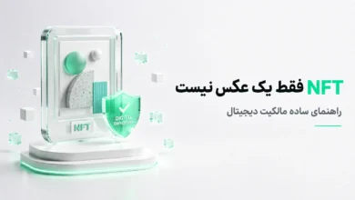قاب شیشه‌ای سه‌بعدی با نشان سپر مالکیت دیجیتال و عنوان NFT به همراه متون توضیحی روی پس‌زمینه روشن