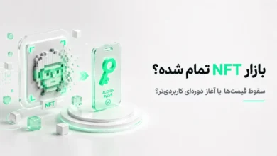 کارت شیشه‌ای NFT و کارت دسترسی در کنار متن تحلیل وضعیت بازار NFT و تحول کاربردی آن