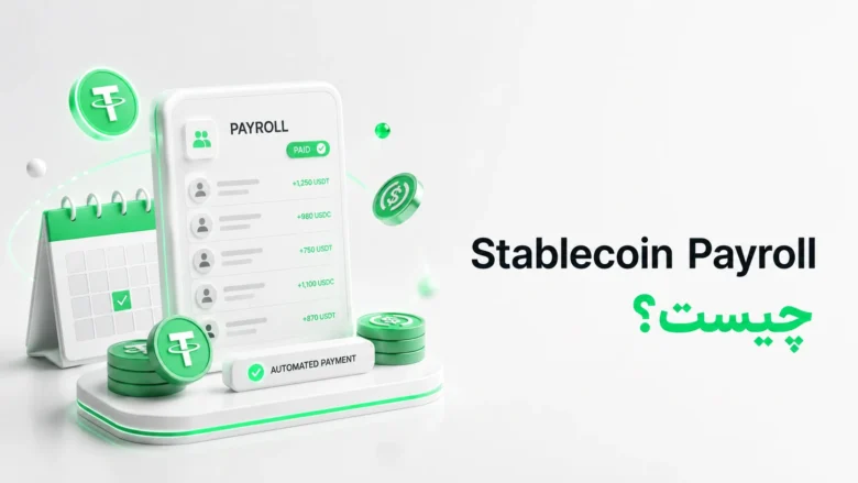 رابط کاربری سه‌بعدی پرداخت حقوق با تتر و USDC در کنار تقویم و متن Stablecoin Payroll چیست