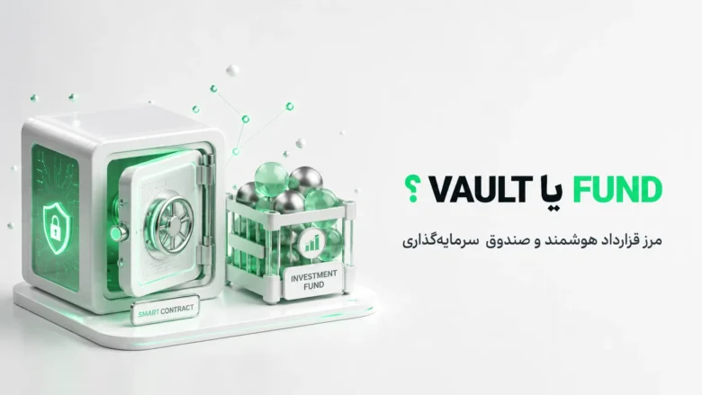 گاوصندوقی باز با نماد قرارداد هوشمند و یک صندوق حاوی گوی‌های سبز و نقره‌ای با برچسب صندوق سرمایه‌گذاری.