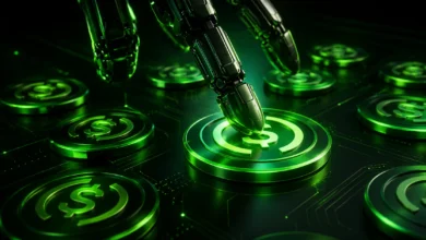 دست رباتیک در حال لمس سکه درخشان USDC روی مدار الکترونیکی برای نمایش پرداخت AI Agent