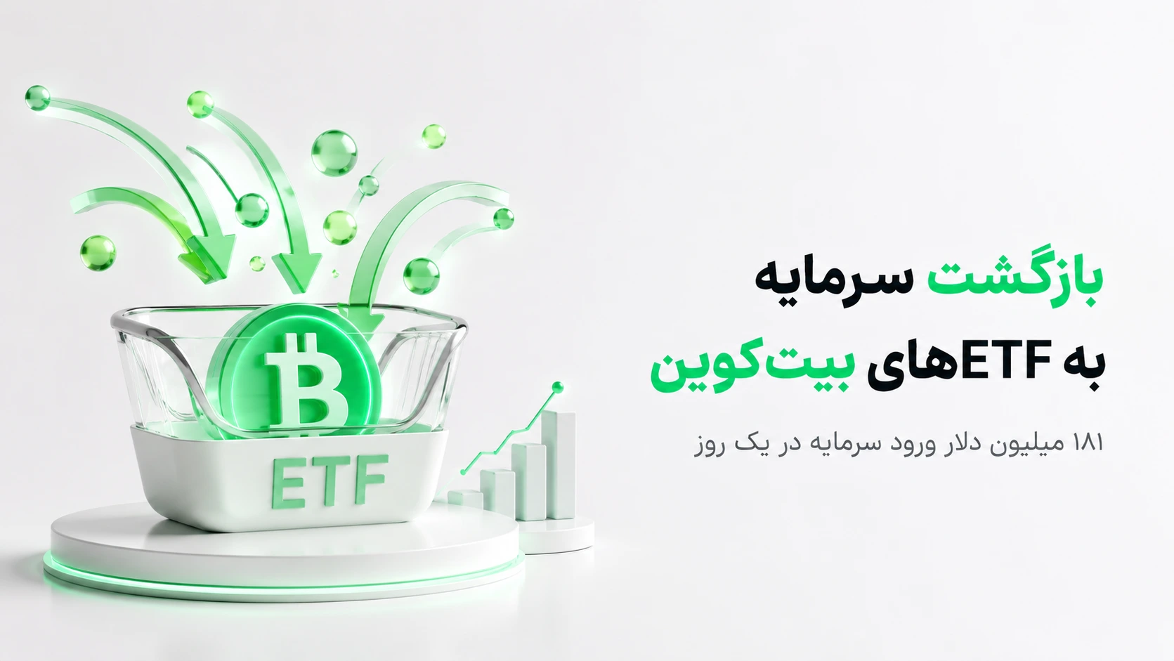 نماد سبز بیت‌کوین داخل سبد ETF همراه با فلش‌های ورودی سرمایه و متن بازگشت سرمایه به ETFهای بیت‌کوین
