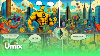 کمیک‌استریپ ابرقهرمانی بیت‌کوین و لوگوی اتریوم با متن ALTSEASON برای تحلیل فصل آلت‌کوین‌ها
