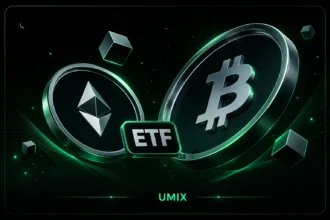 پلاک برجسته ETF در مرکز، در کنار دو سکه بزرگ با نمادهای بیت‌کوین و اتریوم، که به موضوع خروج سرمایه از ETFهای بیت‌کوین و تأثیر آن بر بازار.