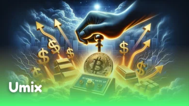 دستی که اهرم کنترل را بالای یک سکه بیت‌کوین می‌کشد، با متن «INTEREST RATES UP» روی پنل، نمادهای دلار و شمش‌های طلا در پس‌زمینه طوفانی شهر.