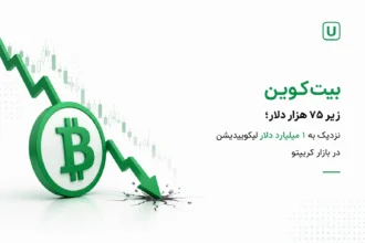 لوگوی سه‌بعدی بیت‌کوین به رنگ سبز که با یک فلش نزولی بزرگ به سمت پایین حرکت کرده و زمین را شکسته است.