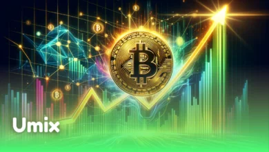 سکه طلایی بیت کوین روی نمودار صعودی درخشان برای تحلیل قیمت بیت کوین و روند رشد بازار
