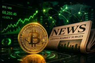سکه طلایی بیت‌کوین در کنار نمودار صعودی قیمت BTC/USD با عدد ۶۸,۲۵۰.۴۵ و روزنامه‌ای با تیتر «CRYPTO MARKET SURGES».