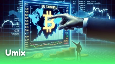 نمودار تحلیل بازار بیت‌کوین و لوگوی درخشان آن در کنار متن تعرفه‌ها برای بررسی تاثیر تعرفه ترامپ بر قیمت بیت‌کوین