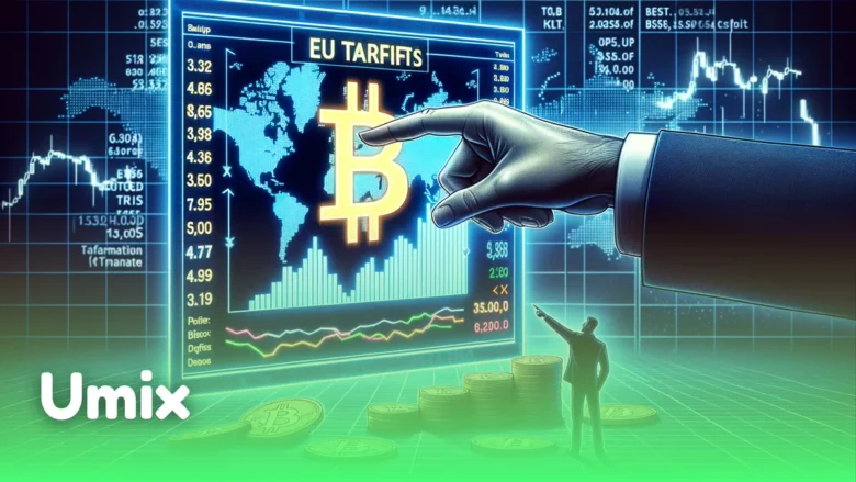 نمودار تحلیل بازار بیت‌کوین و لوگوی درخشان آن در کنار متن تعرفه‌ها برای بررسی تاثیر تعرفه ترامپ بر قیمت بیت‌کوین