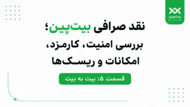 لوگو و عنوان نقد صرافی بیت‌پین همراه با متن بررسی امنیت، کارمزد و امکانات در زمینه سفید و سبز