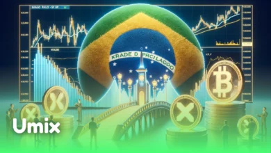سکه‌های رمزارز XRP و بیت‌کوین در کنار نماد پرچم برزیل و نمودارهای مالی بورس برای عرضه ETF نقدی XRP در برزیل