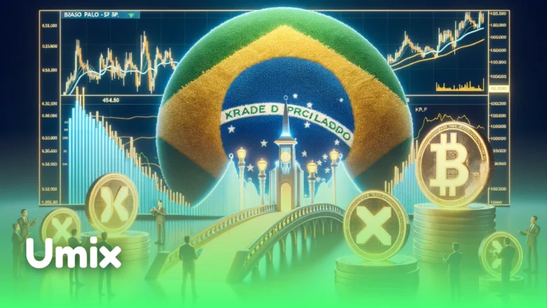 سکه‌های رمزارز XRP و بیت‌کوین در کنار نماد پرچم برزیل و نمودارهای مالی بورس برای عرضه ETF نقدی XRP در برزیل