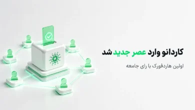 صندوق رأی‌گیری سه‌بعدی با تیک سبز و لوگوی کاردانو، احاطه شده با نمادهای افراد متصل، نمادی از رأی جامعه برای هاردفورک Van Rossem.