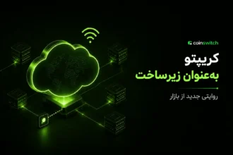 نماد ابر درخشان سبز و سرورهای شبکه با متن کریپتو به‌عنوان زیرساخت برای مقاله کاربرد بلاکچین