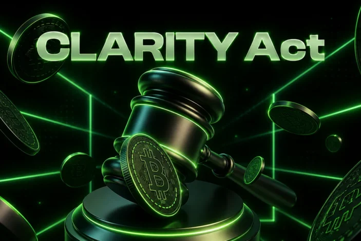 چکش قضاوت و چندین سکه بیت‌کوین در محیطی با نور نئون سبز، همراه با متن «CLARITY Act» که به قانون جدید کریپتو و تأثیر آن بر بازار اشاره دارد.