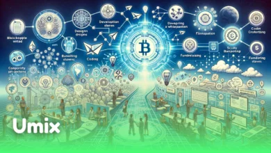 نمودار دیجیتالی اکوسیستم پروژه رمزارزی با نماد بیت‌کوین، مراحل توسعه، وایت‌پایپر و افراد در حال برنامه‌نویسی
