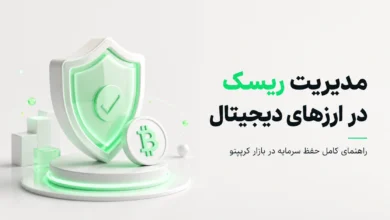 سپر محافظ سبز و سکه بیت کوین در کنار متن مدیریت ریسک در ارزهای دیجیتال برای آموزش حفظ سرمایه