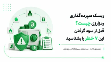 سپر هشدار سبز و گاوصندوق فلزی به همراه سکه‌های بیت‌کوین و اتریوم و آیکون‌های خطرات رمزارزی