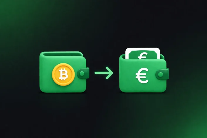 کیف پول سبز با نشان بیت‌کوین و فلش انتقال به کیف پول یورو، concept نحوه انتقال رمز ارز به کیف پول دیجیتال.