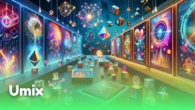 نمایشگاه دیجیتال مدرن با آثاری هنری درخشان و نمادهای بلاک‌چین برای بررسی مفهوم Digital Collectible