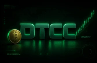 لوگوی سه بعدی DTCC در کنار سکه بیت کوین و نمودار صعودی سبز برای توکنیزه کردن اوراق بهادار