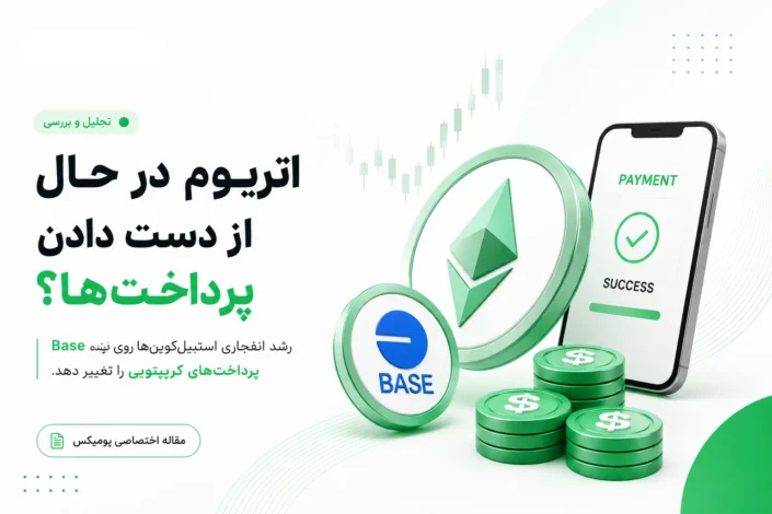 لوگوی اتریوم و بیس در کنار گوشی هوشمند با پیام پرداخت موفق و سکه‌های دلار برای بررسی مهاجرت استیبل‌کوین‌ها به شبکه Base