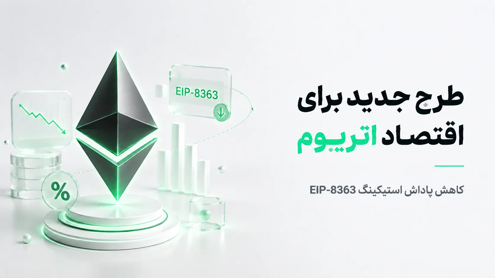 لوگوی سه‌بعدی اتریوم در کنار نمودار کاهشی، نماد درصد و کادر EIP-8363 با فلش رو به پایین، نشان‌دهنده طرح کاهش پاداش استیکینگ و سوزاندن ETH.