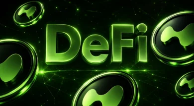 عبارت سه بعدی DeFi همراه با سکه‌های سبز رنگ لوگوی Hyperliquid در زمینه شبکه دیجیتال