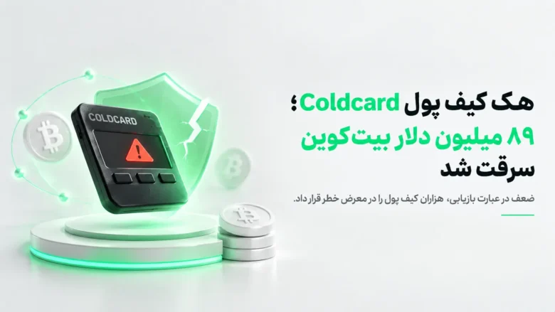 کیف پول سخت‌افزاری Coldcard با علامت هشدار روی صفحه، یک سپر شکسته و سکه‌های بیت‌کوین، نمادی از هک ۸۹ میلیون دلاری بیت‌کوین به دلیل ضعف.