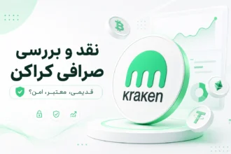 لوگوی صرافی کراکن روی سکه سه بعدی به همراه نماد بیت کوین و اتریوم و متن نقد و بررسی صرافی کراکن.