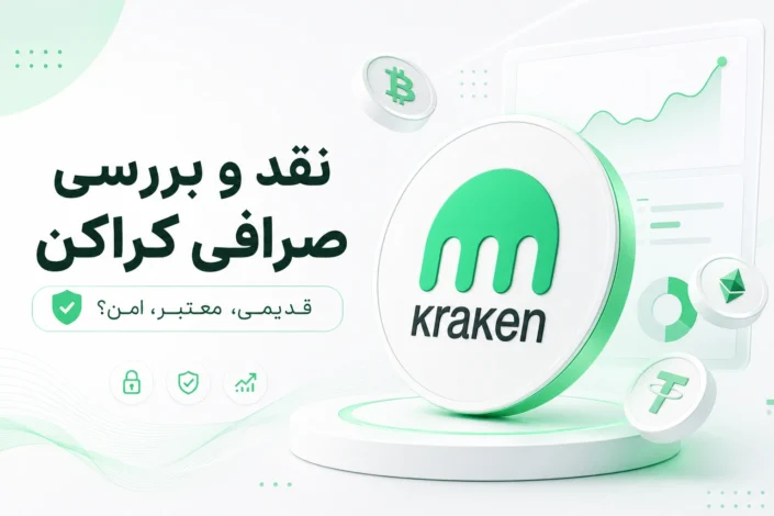 لوگوی صرافی کراکن روی سکه سه بعدی به همراه نماد بیت کوین و اتریوم و متن نقد و بررسی صرافی کراکن.