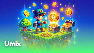 کاراکتر کارتونی بازی ان‌اف‌تی در کنار سکه‌های بیت‌کوین و صندق گنج به عنوان نماد MapleStory N در دنیای کریپتو