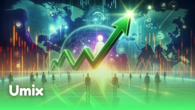نمودار صعودی سبز دیجیتال و نقشه جهان نشان‌دهنده رشد سهام Metaverse ETF و بازار متاورس