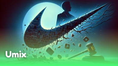 لوگوی نایکی در حال ترک خوردن در کنار چکش قضاوت، نماد شکایت از نایکی بابت پروژه RTFKT