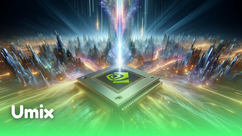 تراشه کامپیوتری NVIDIA در مرکز یک منظره شهری انتزاعی و پرنور با پرتوهای نور که نمادی از تاثیر سرمایه‌گذاری‌ها بر توسعه متاورس است.