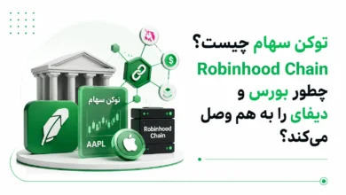 طرح سه‌بعدی لوگوی رابین‌هود، کارت توکن سهام AAPL و سرور Robinhood Chain برای مفهوم توکن سهام.