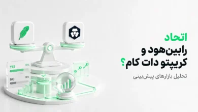 ترازوی سه بعدی حاوی لوگوی رابین‌هود و کریپتو دات کام در کنار نمودارهای آمار پیش‌بینی معاملات