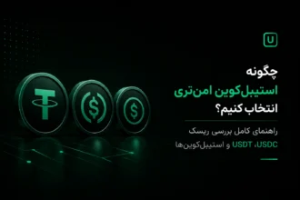 سکه‌های سه بعدی تتر و یو‌اس‌دی‌سی همراه با متن راهنمای بررسی ریسک و انتخاب استیبل‌کوین امن