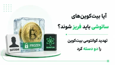 سکه بیت‌کوین منجمد در یخ کنار نماد ساتوشی و کوانتوم برای بررسی فریز بیت کوین ساتوشی
