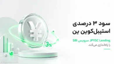 سکه نماد ین ژاپن با حلقه سبز نئونی و نشان سود ۳ درصد برای سرویس وام‌دهی استیبل‌کوین JPYSC