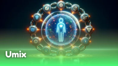 فیگور نورانی انسان در کره شیشه‌ای محصور در زنجیره توکن‌ها برای نمایش مفهوم Soulbound Token و هویت دیجیتال در وب ۳