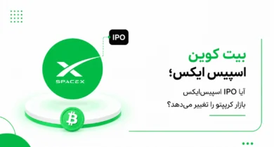 لوگوی سبز اسپیس‌ایکس و سکه بیت کوین روی پایه سه بعدی با نشان IPO و تیتر بررسی بیت کوین اسپیس ایکس