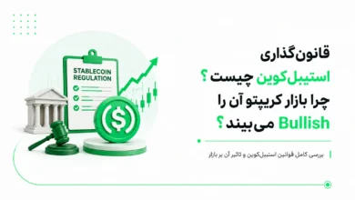 کلپ‌بورد قوانین استیبل‌کوین همراه با سکه دلار، نماد بانک، چکش قضاوت و نمودار صعودی رشد بازار کریپتو.