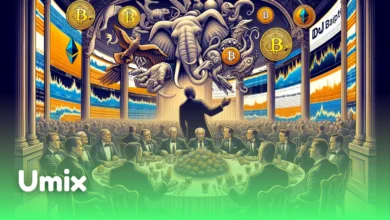 سالن مهمانی مجلل با نمادهای بیت‌کوین و نماد فیل روی چارت‌های مالی که تأثیر اخبار سیاسی بر بازار رمزارز را نشان می‌دهد.