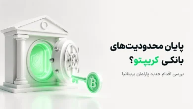 ساختمان سفید بانک با گاوصندوق باز و کلید بیت‌کوین سبز به همراه متن درباره تحقیقات پارلمان بریتانیا