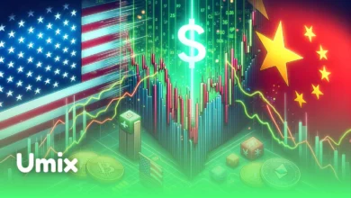 نمودار نوسانات بازار رمزارزها و سکه‌های بیت‌کوین در میان پرچم‌های آمریکا و چین مرتبط با تاثیر کاهش تعرفه‌ها