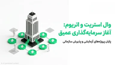 ساختمان نمادین وال استریت متصل به لوگوهای سبز اتریوم که نماد پذیرش اتریوم توسط وال استریت است.