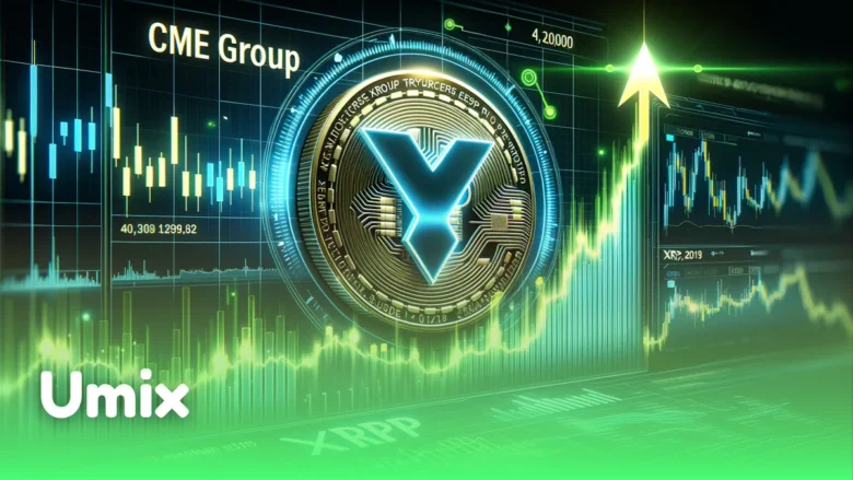 سکه دیجیتال و نمودارهای صعودی مالی همراه با نام CME Group مرتبط با افزایش معاملات مشتقات XRP